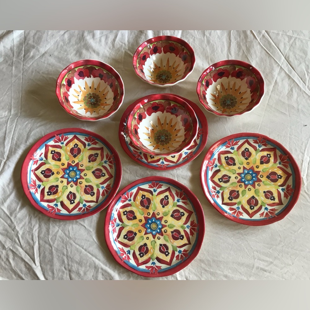 Pottery Barn Hand-Painted Floral Melamine Bowls and Plates